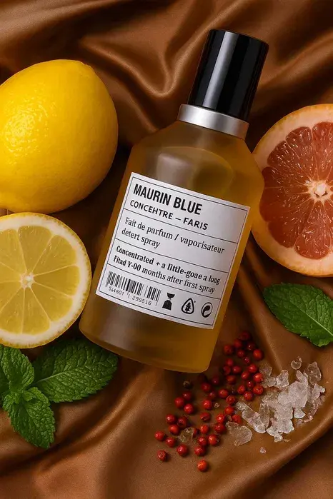 Бутилка парфем Maurin Blue на кафеава позадина, опкружена со лимони, грејпфрут, нане, црвен бибер и кристали.