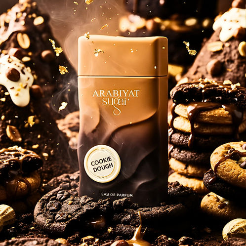 Arabiyat Musk, Cookie Dough perfume bottle, and chocolate cookies background. SpiritsLuxuryParfumes