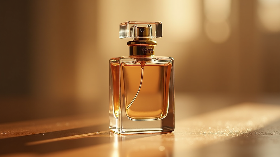 Close-up view of elegant perfume bottle with golden cap