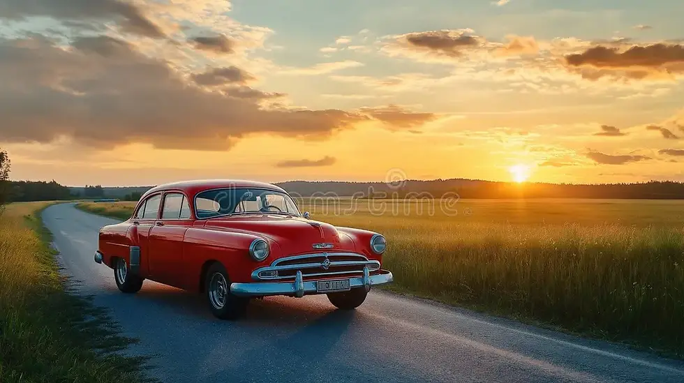 classic-red-vintage-car-parked-countryside-road-glowing-warmly-golden-hour-light-335503840