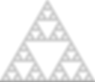 Black and white Sierpinski Triangle, where an outer equilateral triangle pointed up is subdivided into four smaller equilateral triangles of equal size. Of those four, the three outer equilateral triangles are subdivided in the same way, and the pattern repeats with smaller and smaller triangles.