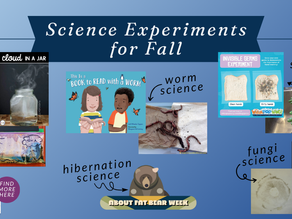 Collage of photos of kids science experiments. The collage is titled “Science Experiments for Fall” The photos are laid out in groups, labeled “weather science”, “worm science”, “germ science”, “hibernation science”, and “fungi science.”