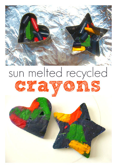 Top half of the image shows a heart cookie cutter and a star cookie cutter lying on a sheet of foil, with broken crayon pieces inside each cookie cutter The bottom half shows the melted heart and star-shaped crayons that have resulted. Text in the center reads “sun melted recycled crayons.” 