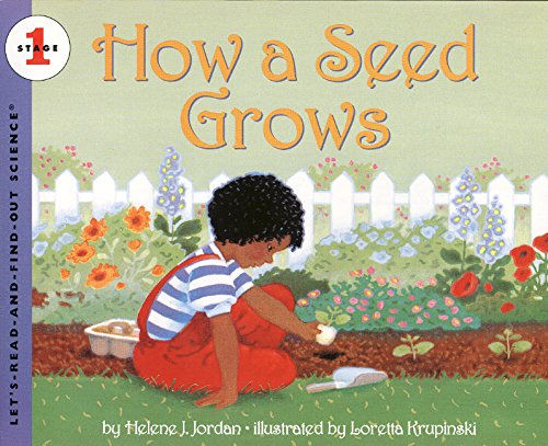 Cover illustration of a girl in red overalls planting a little plant growing out of an eggshell into a garden.