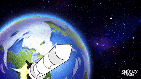 Animated rocket blasting away from Earth, cut to a terrified Snoopy inside the rocket.