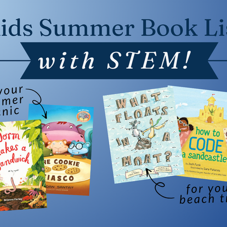 Title reads "Kids Summer Book List with STEM!" Two picture book covers on the left with the caption "for your summer picnic", and two picture book covers on the right with the caption "for your beach trip"