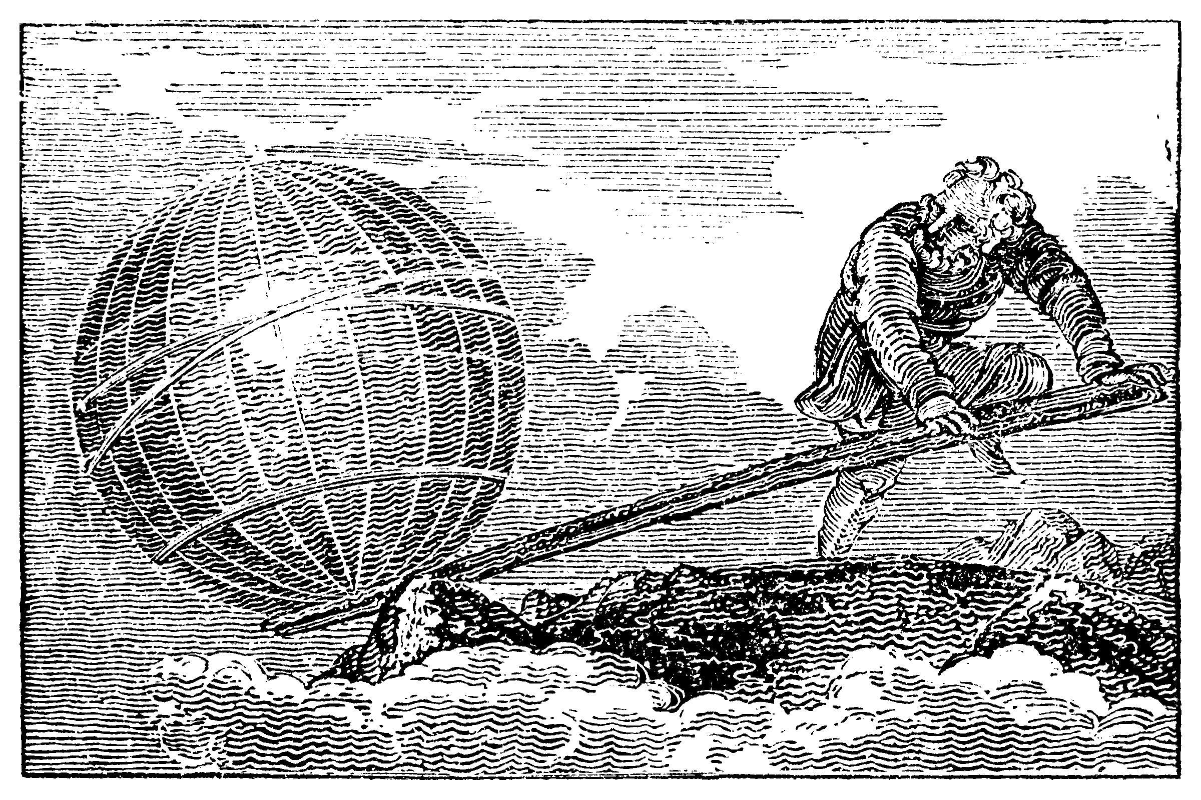 Illustration of Archimedes lifting the Earth on a lever.