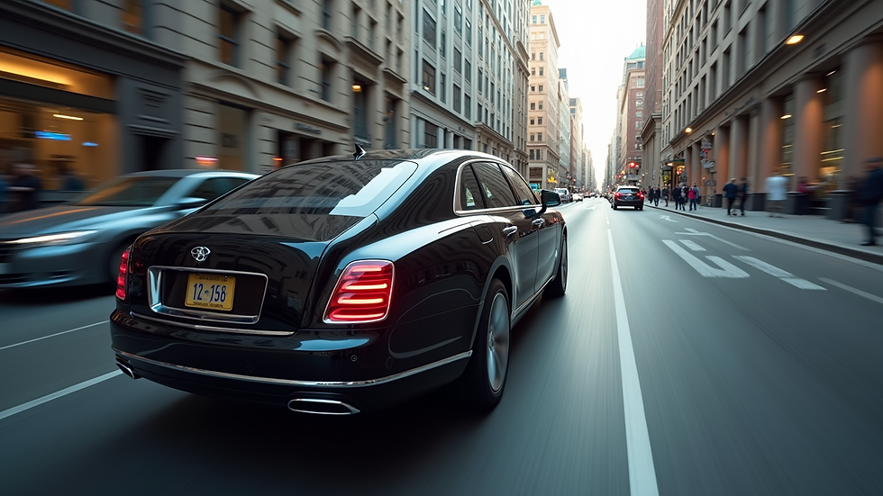 High angle view of a luxury black car driving on a city street