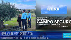 GNR em uniforme azul fala com pessoa em campo; fundo com oliveira. Texto: "OPERAÇÃO CAMPO SEGURO", GNR apreende 9t de produtos agrícolas.