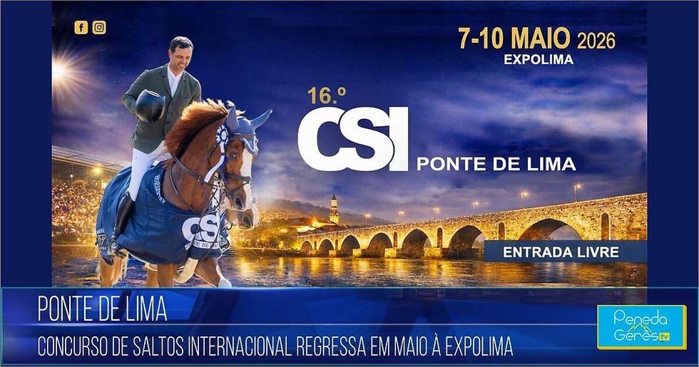 Cavaleiro em cavalo saltando, em competição CSI Ponte de Lima. Ponte iluminada ao fundo.