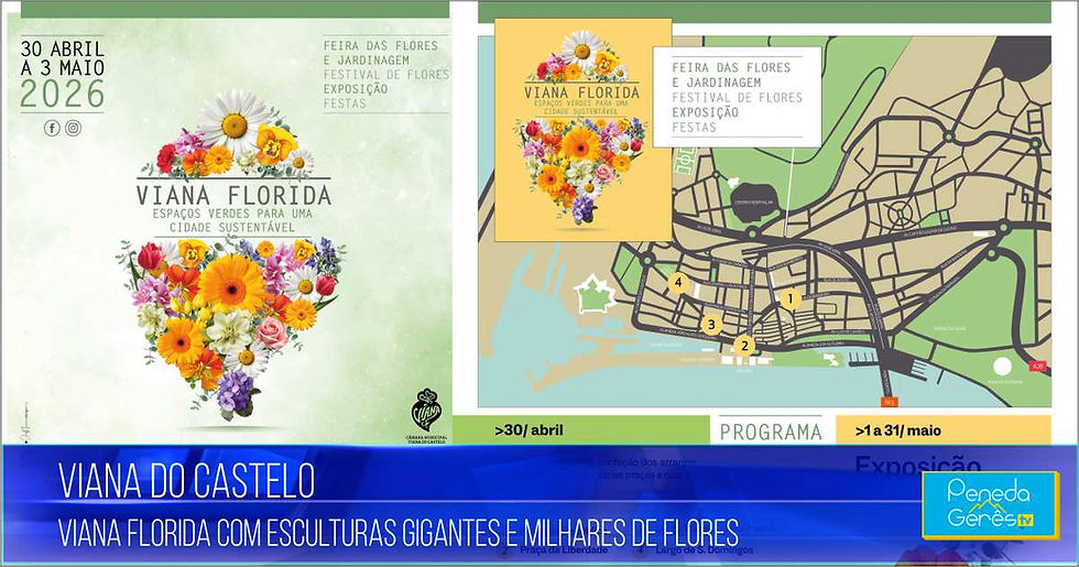 Cartaz do evento Viana Florida 2026, mostrando mapa de Viana do Castelo e coração de flores coloridas. Textos sobre festival ecológico.