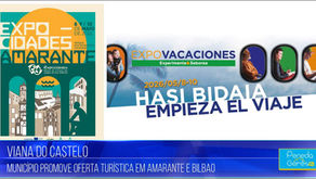 Colagem de cartazes. Cartaz colorido da Expocidades 2026 em Amarante com ilustrações de monumentos; banner da Expovacaciones 2026 em Bilbao.