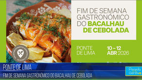 Prato de bacalhau com cebola, batatas e ervas. Texto: "Fim de Semana Gastronómico do Bacalhau de Cebolada", Ponte de Lima, 10-12 Abril 2026.