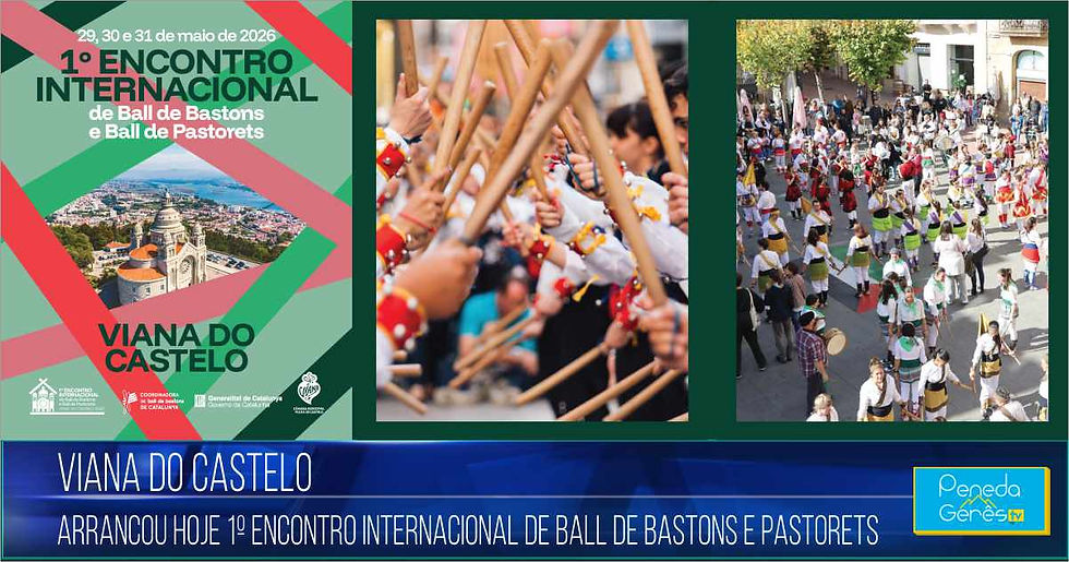 Colagem com cartaz oficial do 1º encontro internacional de ball de bastons e ball de pastoretes em viana do castelo com fotografias de participantes em atuação.