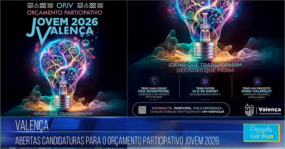 Cartaz do Orçamento Participativo Jovem 2026 em Valença exibindo uma lâmpada criativa iluminada.