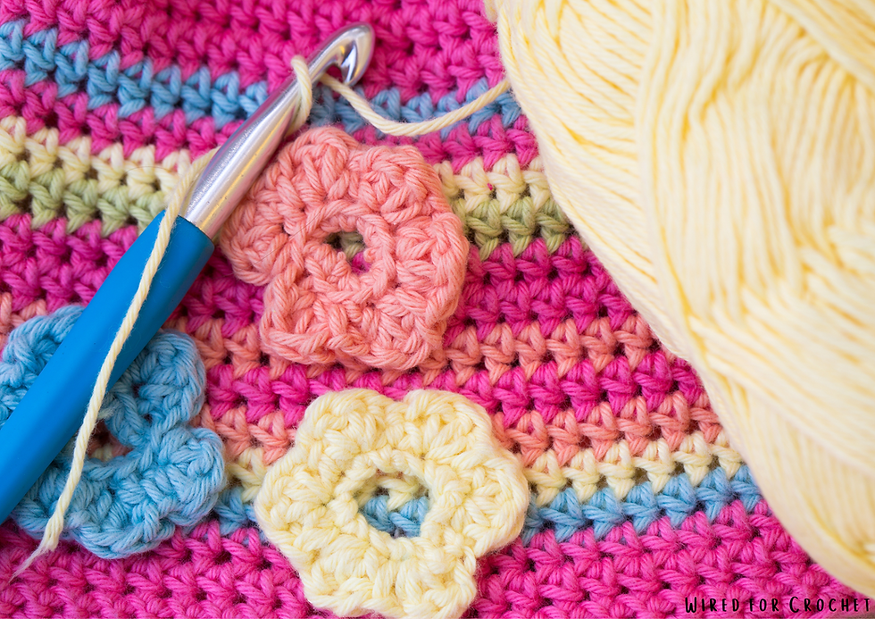 A picture of a multicoloured blanket with a crochet hook, 3 crochet flowers and a yellow yarn ball.