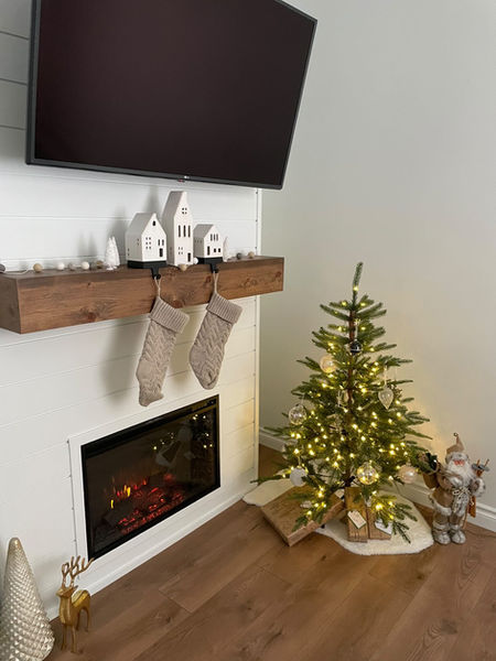 knotty pine fireplace mantel stained in provincial