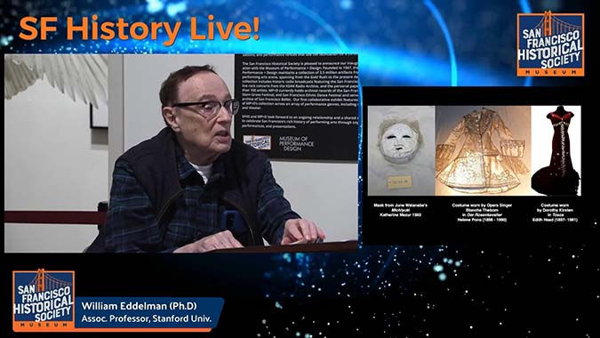 Picture from a live broadcast featuring Dr. William Elderman presenting about San Francisco art.