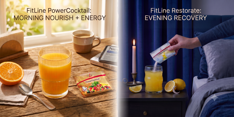 FitLine PowerCocktail for morning and Restorate for evening recovery.