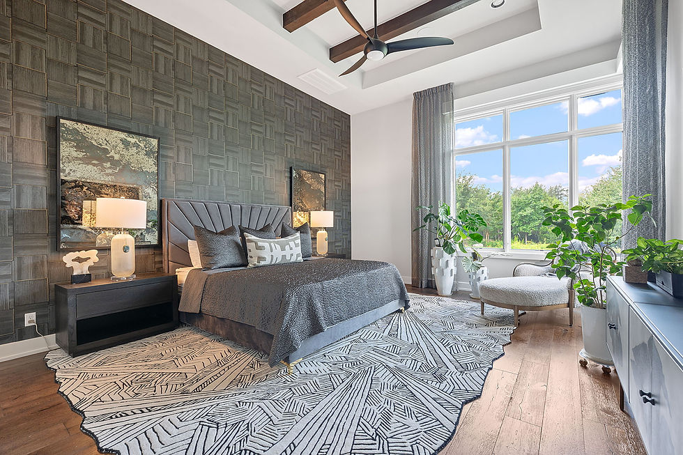 A moody Barton Creek bedroom uses texture, scale, and the view to establish an intimate atmosphere.