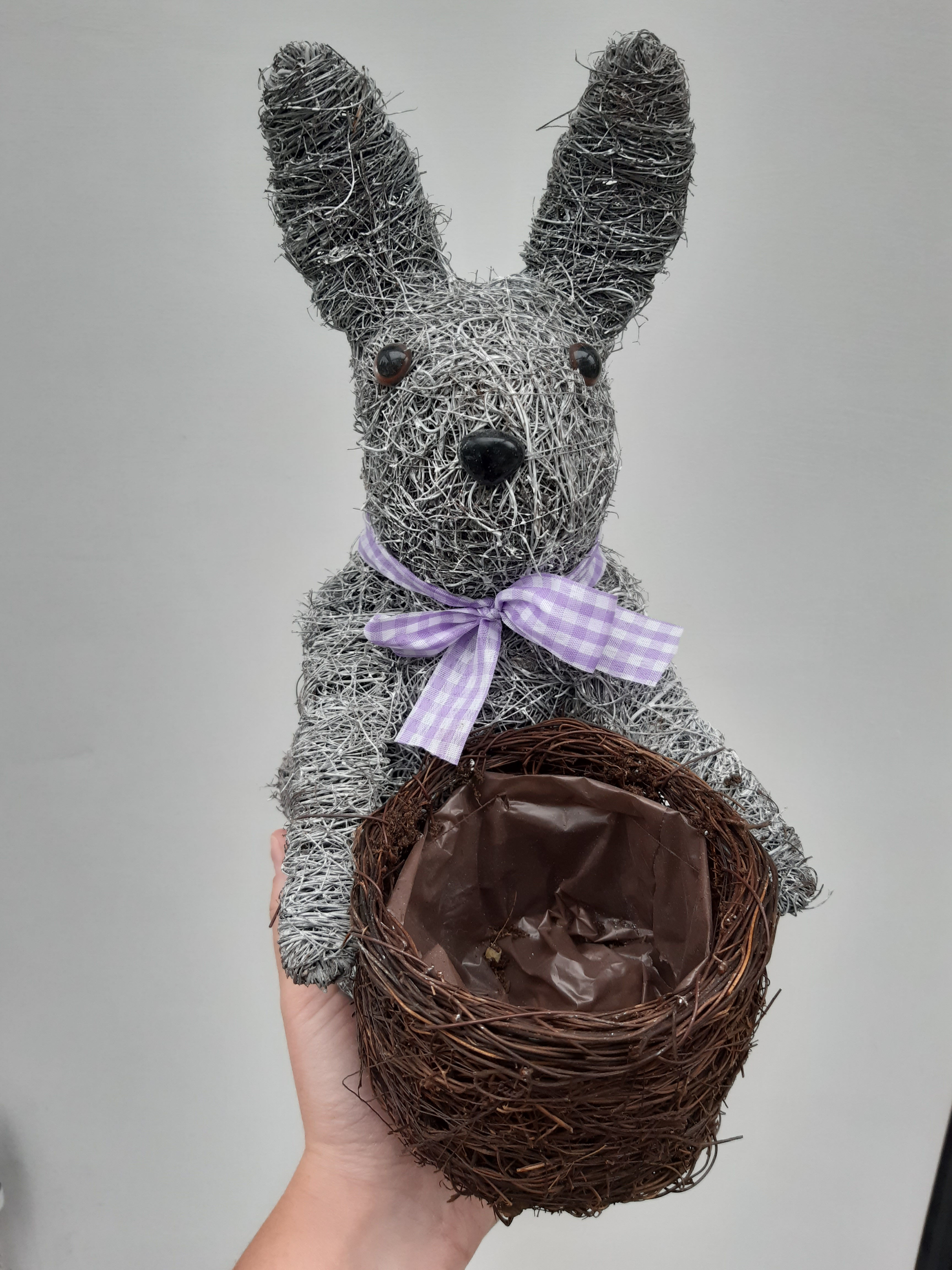 Silver Brushwood Easter Rabbit Bunny with purple gingham bow unplanted planter