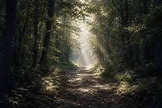 Camino rodeado de árboles. Entra un poco de luz.