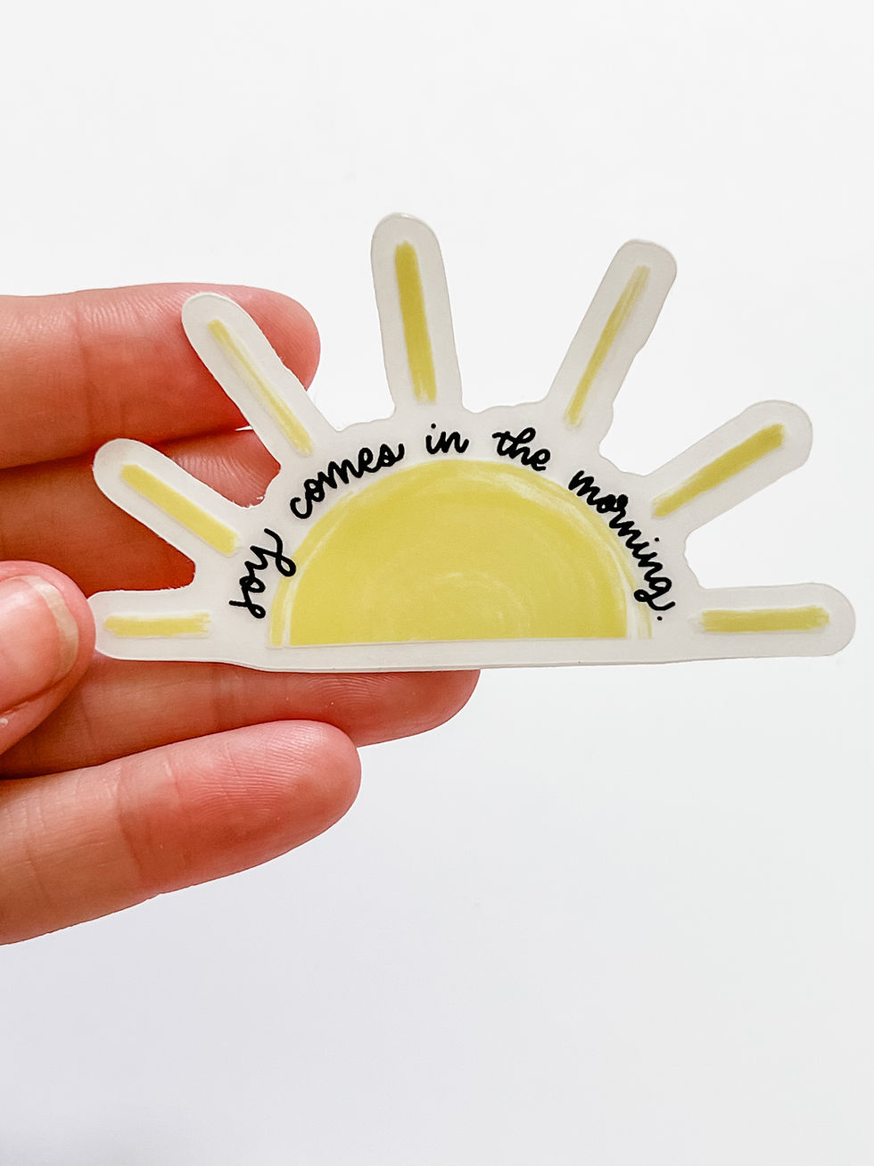 Thumbnail: Yellow Sun with Hand Lettered Scripture - Joy Comes in the Morning Sticker being held
