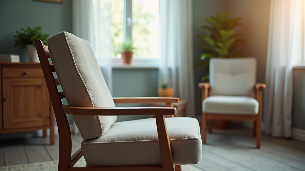 Close-up view of a counseling setting with a comfortable chair