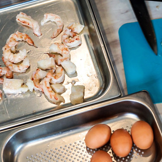 Shrimp, Wild Cod & eggs can be first prepared in the steam oven