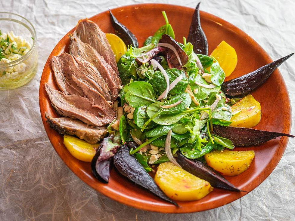 Steam Roasted Beet Salad with Lamb and Feta Cheese