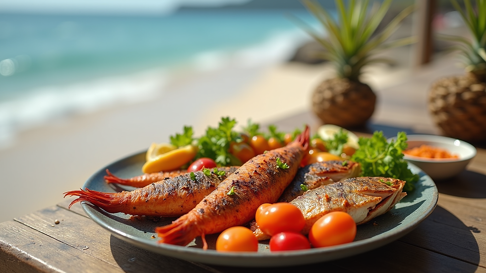 High angle view of a seafood platter with grilled fish and vegetables on a beachside table