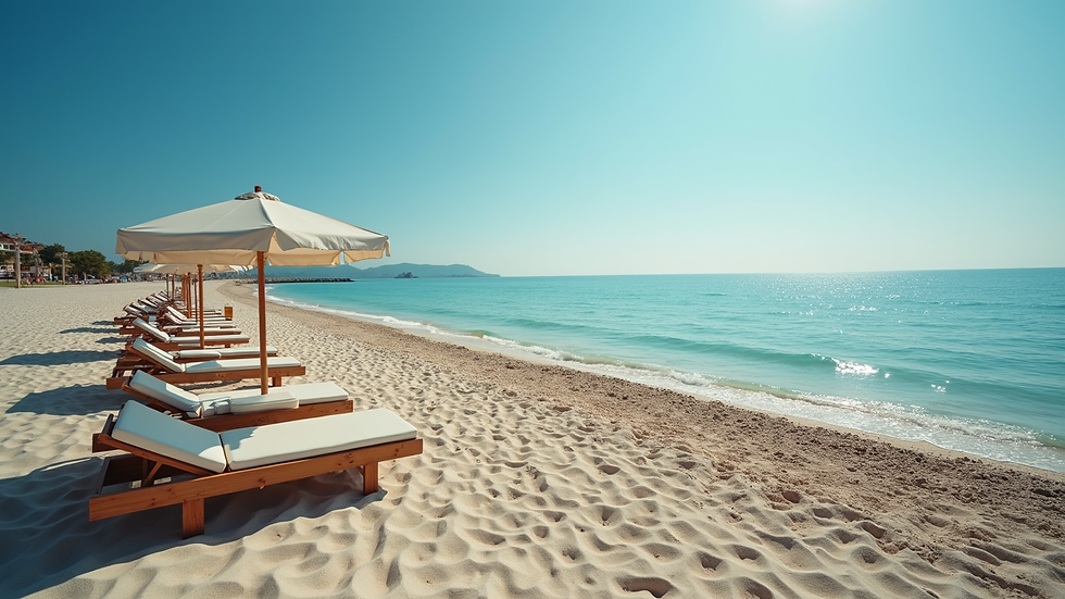 Wide angle view of Mamaia Beach with sunbeds and the Black Sea in the background