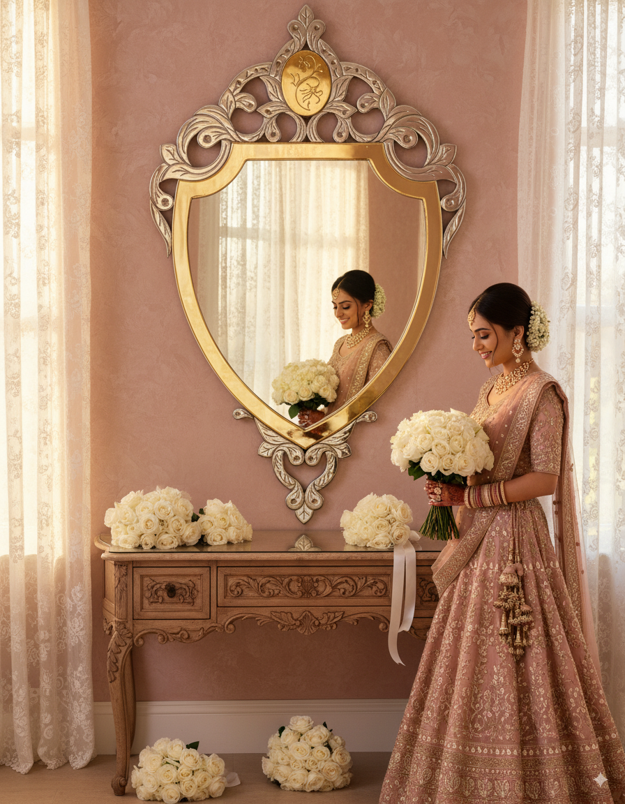 Heritage Heart Venetian Mirror with golden heart-shield frame and ornate crest – a romantic focal point for elegant interiors
