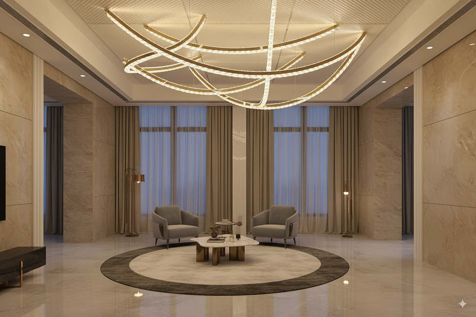 A very large, abstract modern chandelier in a spacious room, featuring multiple long, overlapping crescent shapes. The fixtures are gold-finish SS PVD and lined with sparkling crystals and integrated LED lighting