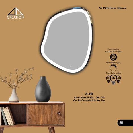 Freeform stainless steel metal frame mirror with SS PVD border and soft LED backlighting, designed for luxury wall décor and modern interiors