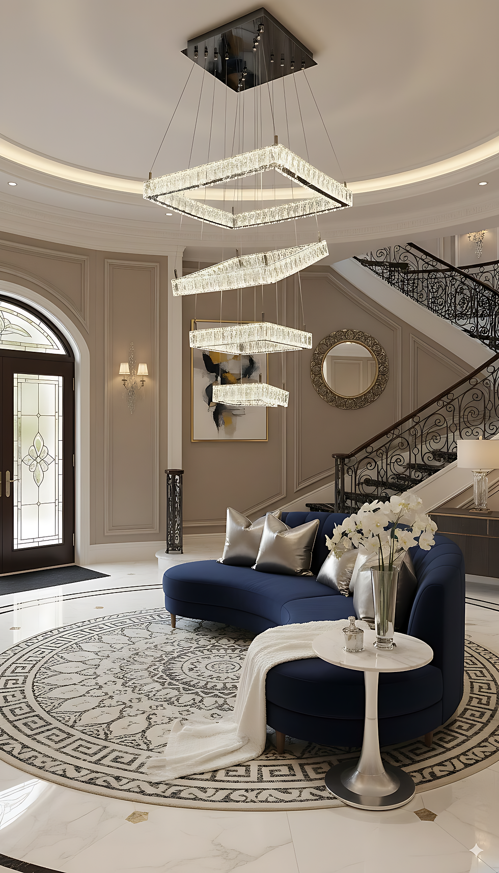 A modern, tiered crystal chandelier composed of three or four rectangular rings covered in clear crystals, suspended from a mirrored square chrome ceiling plate by thin wires.