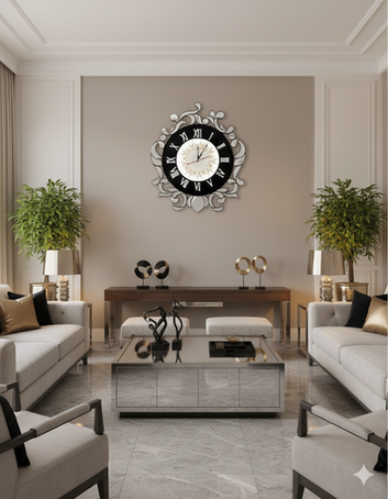 Luxury glass tukdi wall clock with shimmering mosaic detailing mounted on a modern living room wall, adding elegance and reflective charm to the décor.