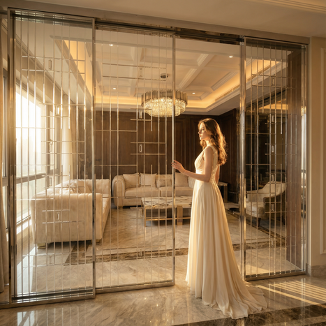Premium etched glass sliding partition with stainless steel frame, designed for sophisticated living room separation with patterned detailing.