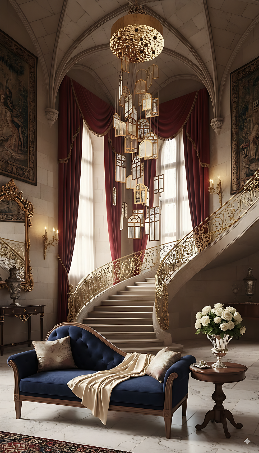 A grand, double-height chandelier hanging over an elegant marble and gold staircase, composed of a cascade of individual light fixtures shaped like arched Gothic windows in a gold-finish metal.