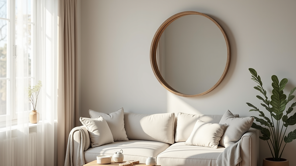 Eye-level view of a round decorative mirror with a wooden frame on a living room wall
