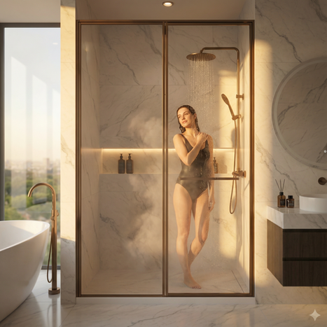 Plain toughened glass bathroom glass partition with one fixed and one openable panel, stainless steel frame and soft close mechanism