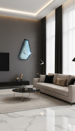 A unique geometric wall clock in a light blue-tinted glass, hanging on a dark gray wall above a media console in a contemporary living room.