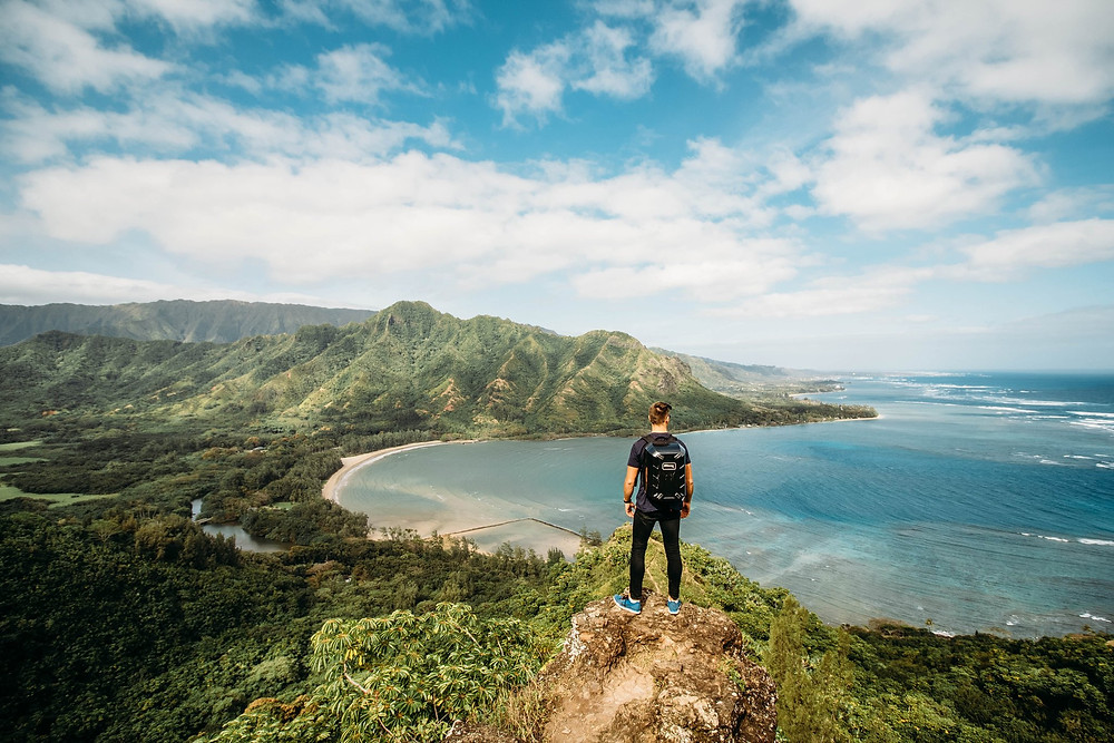 Crouching lion hike looking at kahana bay