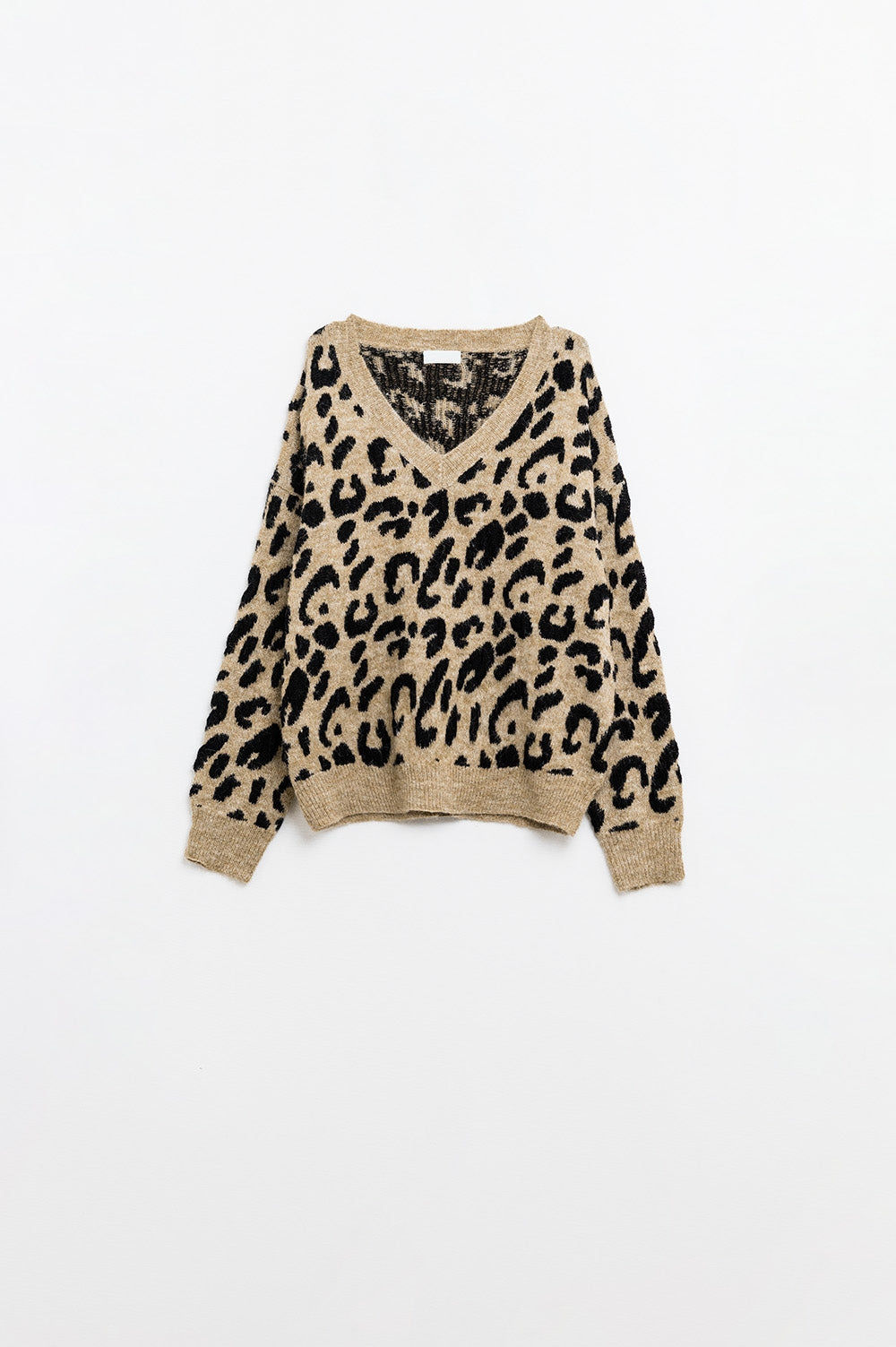 Soft Knit V-Neck Sweater With Leopard Print