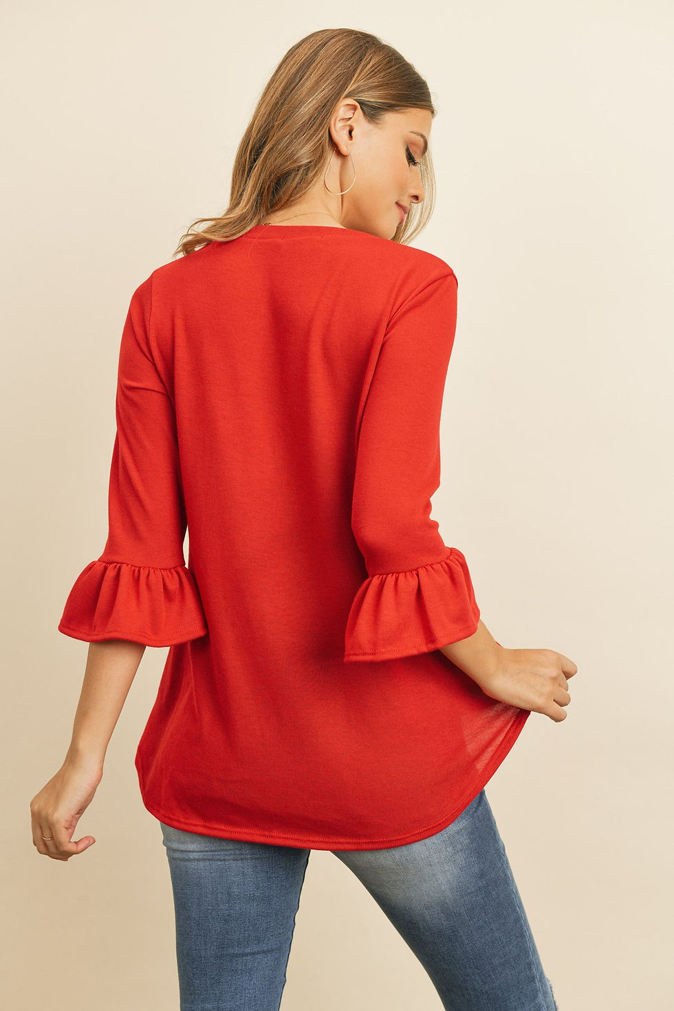 Miniatura: Solid Bell Sleeve V-Neck Top