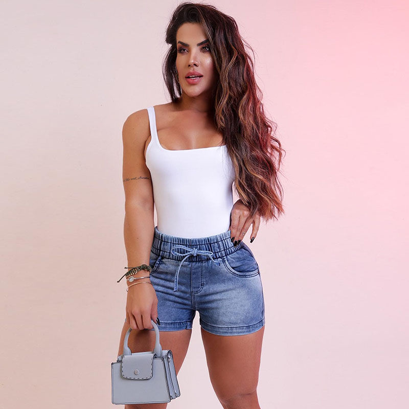 Thumbnail: Slimming denim high waist elastic waist lace-up Women Shorts