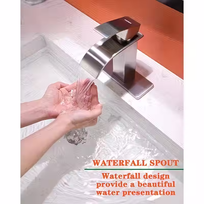 Thumbnail: Brushed Nickel Modern Waterfall Bathroom Sink Faucet with Drainage 