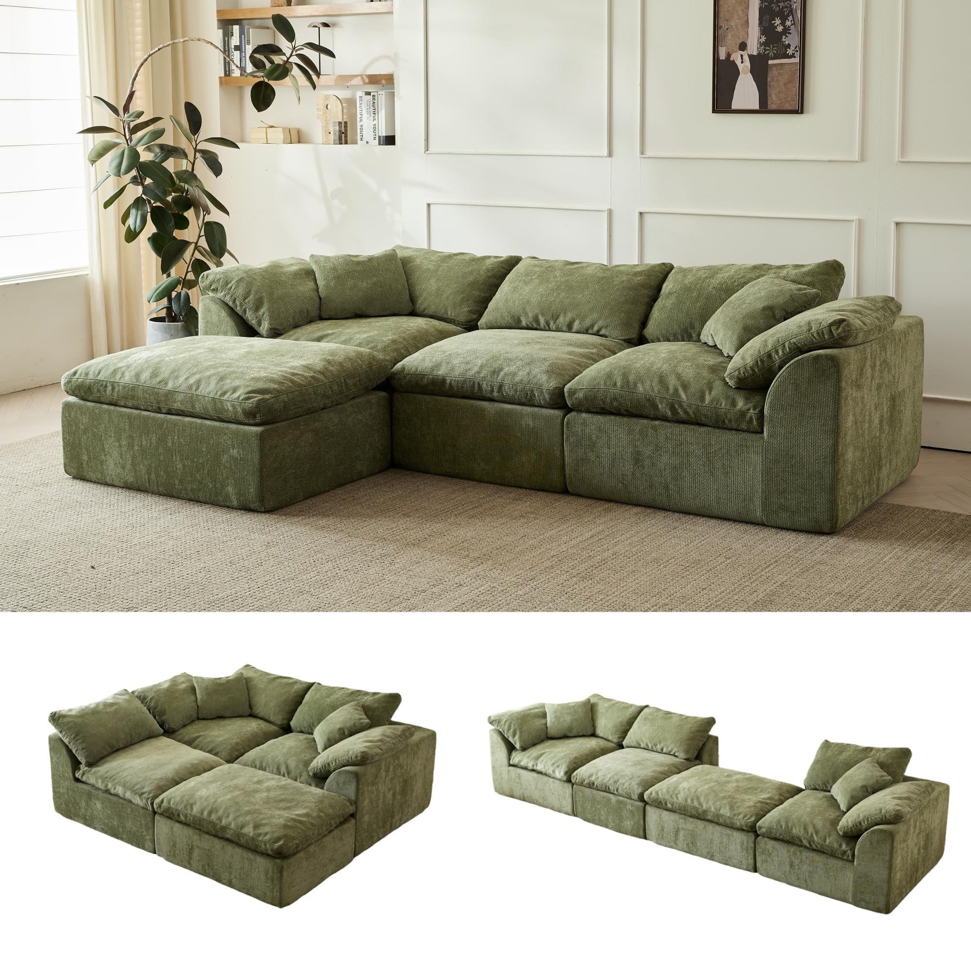 109" Modern Cloud L-Shaped 3-Seater Oversized Deep Seat Chenille Fabric Sofa gre