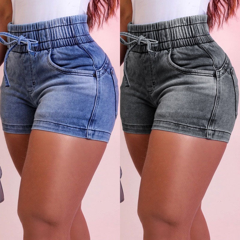 Slimming denim high waist elastic waist lace-up Women Shorts