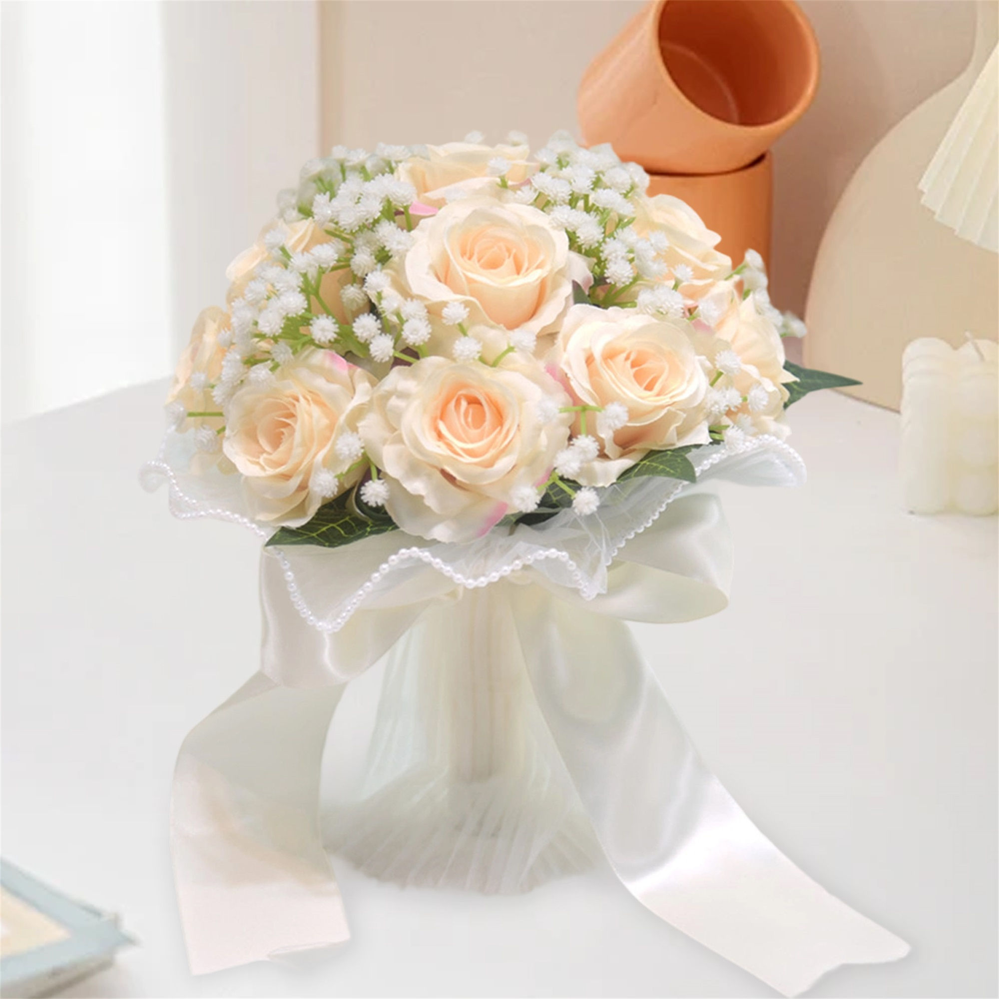 Elegant Bridal Bouquet with White Roses and Baby s Breath adorned with Pearls - 